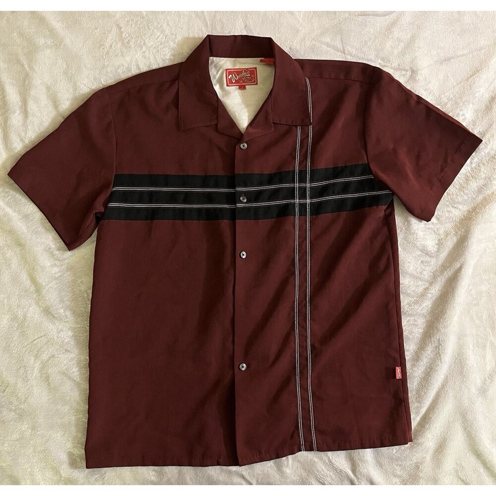 Woodys Retro Lounge Mens L Burgundy Black Rockabilly Bowling Shirt